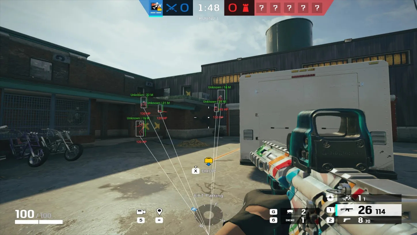 Same scene with cheat wallhack boxes revealing enemies through walls
